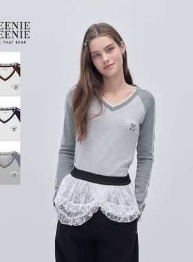 TEENIEWEENIE bearnova2025冬季新款女装蕾丝拼接撞色V领长袖T恤
