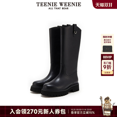 TeenieWeenie小熊简约休闲靴子秋冬季女鞋黑色中长款时尚酷飒女靴