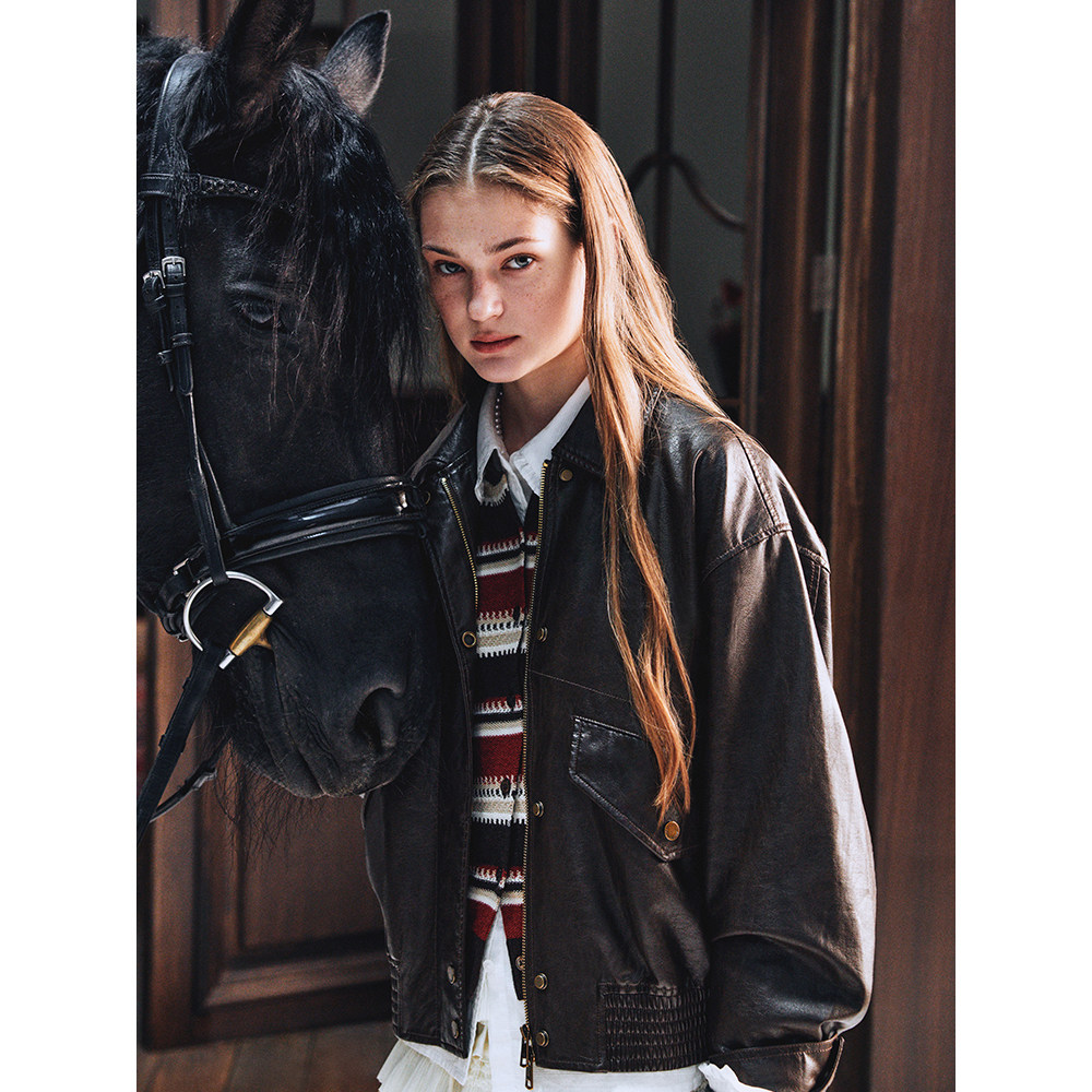 TeenieWeenie小熊女装皮衣26春季新款复古水洗仿皮革翻