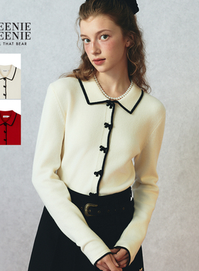 TEENIEWEENIE bearnova25冬季新款女装少女风蝴蝶结纽扣翻领开衫
