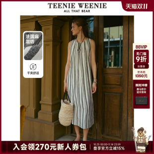 长款 TeenieWeenie小熊女装 度假风条纹无袖 法式 连衣裙亚麻混纺 夏季