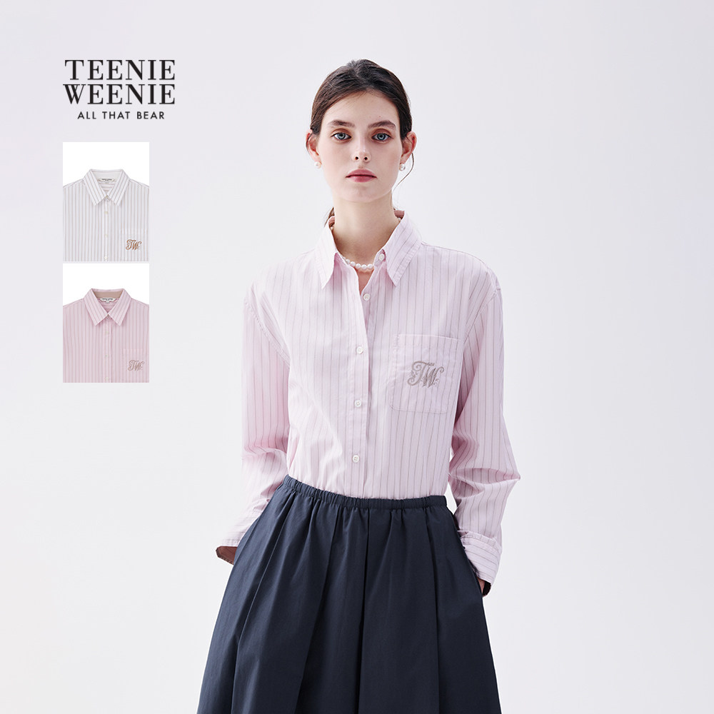 TeenieWeenie小熊女装26春夏新品休闲舒适宽松清新条纹长袖衬衫