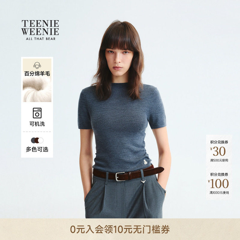 【可机洗美利奴羊毛】TeenieWeenie小熊女装半高领短袖T恤针织衫