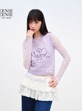 TEENIEWEENIE bearnova2025冬季新款女装萌趣小熊刺绣V领毛织背心