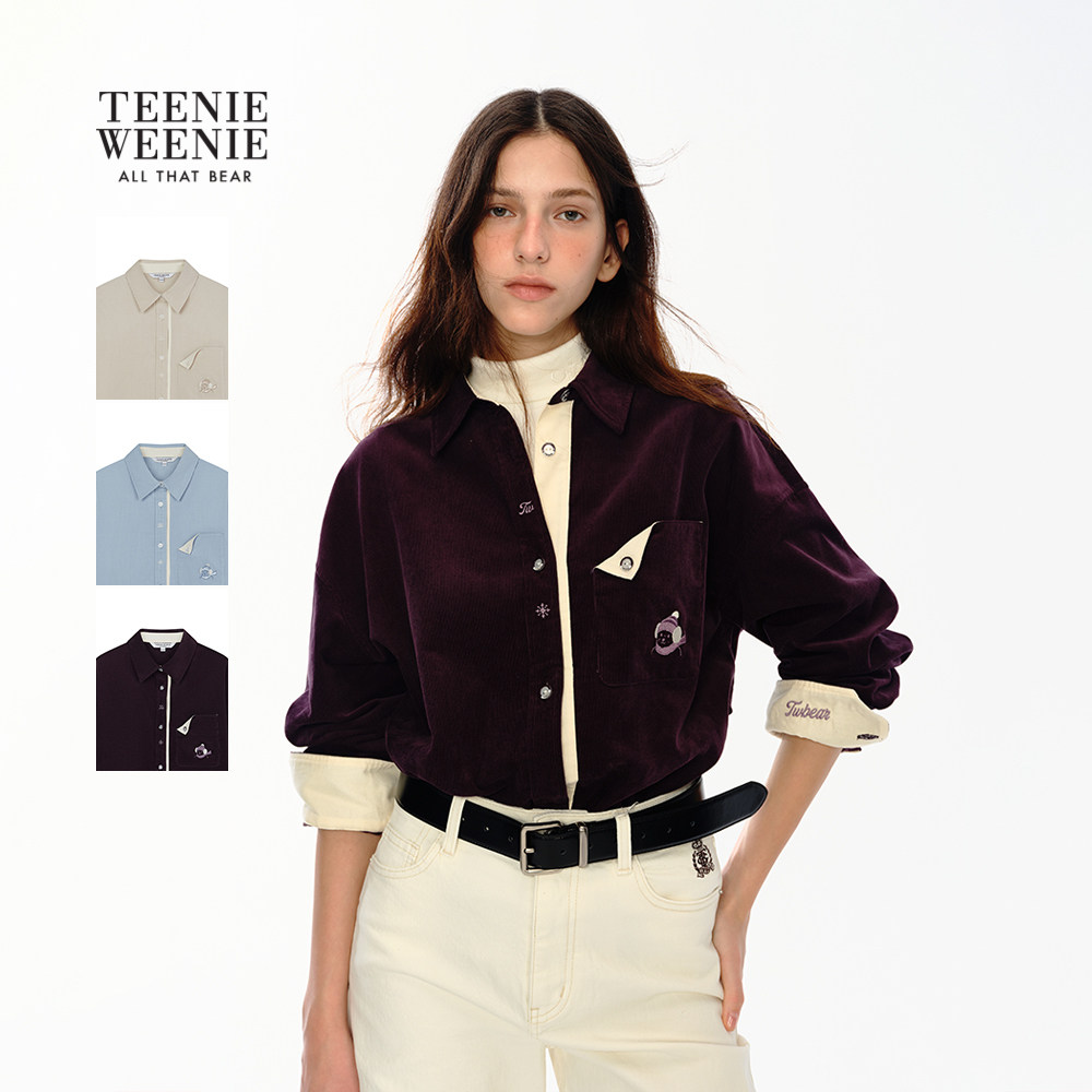 TeenieWeenie小熊女衬衫秋冬季简约日常休闲舒适基础纯色翻领衬衣