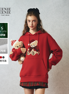 TEENIEWEENIE bearnova25冬季新款女装圣诞小熊格纹拼接连帽卫衣