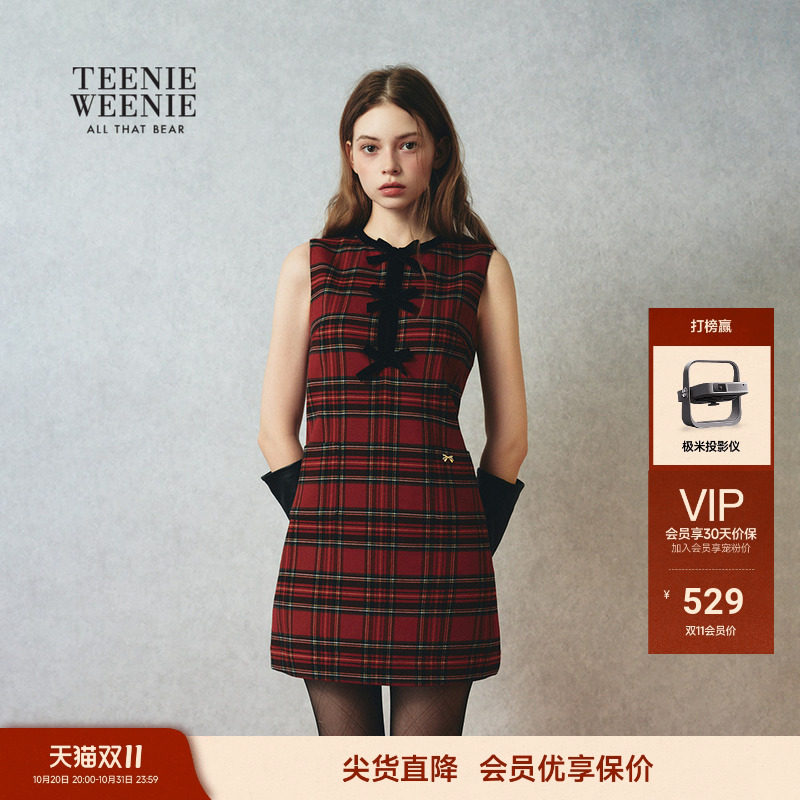 TEENIEWEENIE bearnova26春新款女装蝴蝶结装饰A字无袖格纹连衣裙
