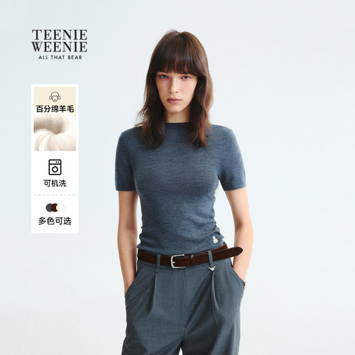 【可机洗美利奴羊毛】TeenieWeenie小熊女装半高领短袖T恤针织衫