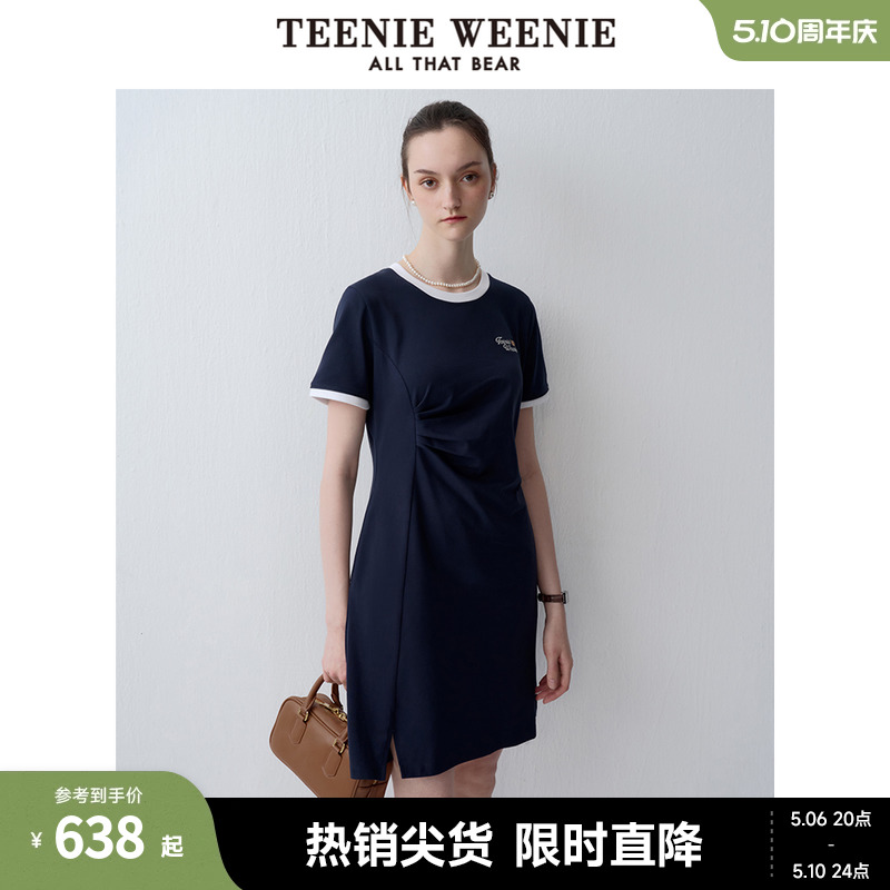 TeenieWeenie小熊女装2024新款夏季复古运动风侧缝拼接压褶连