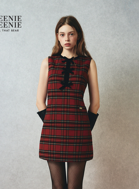 TEENIEWEENIE bearnova25冬新款女装蝴蝶结装饰A字无袖格纹连衣裙
