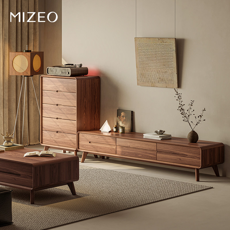 MIZEO米卓/北美黑胡桃木中古风电视柜茶几组合客厅斗柜简约储物柜