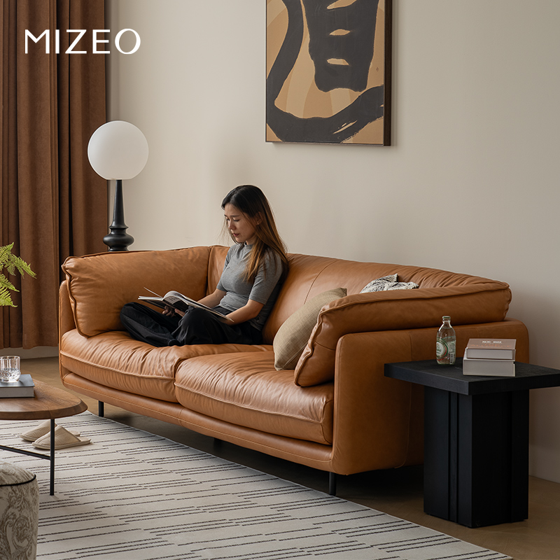 MIZEO 米卓/中古风沙发意式极简客厅头层真皮直排油蜡皮怀抱沙发