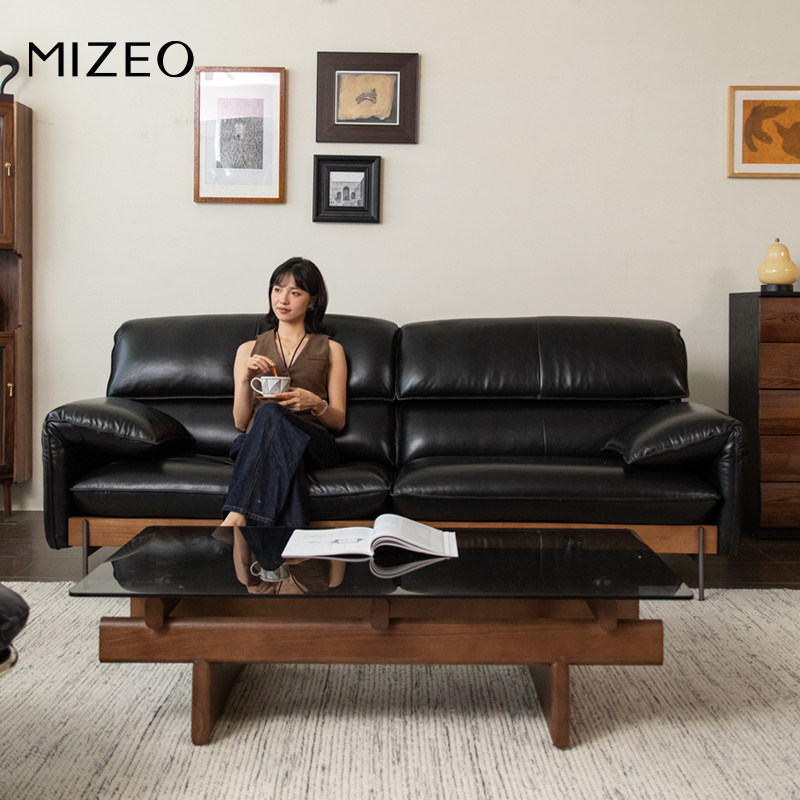MIZEO 米卓/中古风油蜡全青真皮艺沙发三人直排客厅沙发小户型
