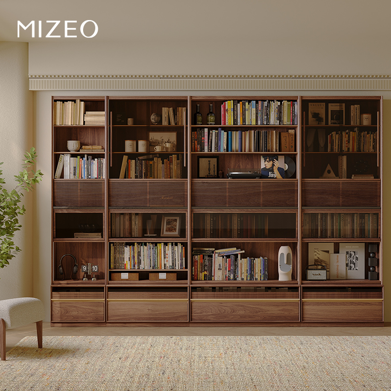 MIZEO 米卓/北美黑胡桃木中古风书架实木展示书柜整墙客厅组合柜