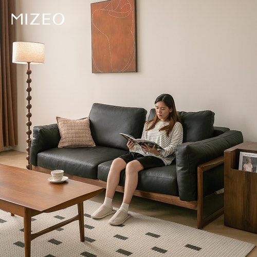 MIZEO 米卓/黑胡桃木中古风沙发意式极简客厅羽绒轻奢真皮沙发