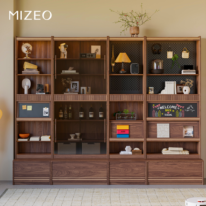 MIZEO 米卓/北美黑胡桃木中古风书架实木展示书柜整墙客厅组合柜