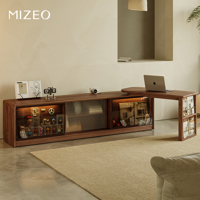 MIZEO米卓/北美黑胡桃木中古风电视柜实木客厅可调节复古储物柜