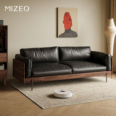 MIZEO 米卓/北美黑胡桃木中古风沙发极简客厅头层真皮油蜡皮沙发