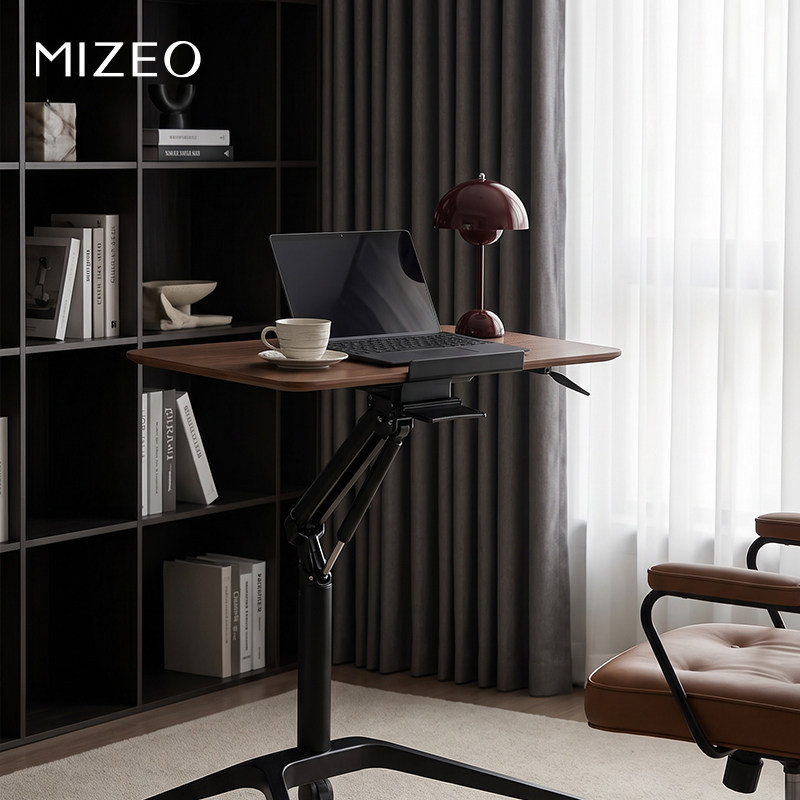 MIZEO/气动工作台办公桌小型升降桌海洋板黑胡桃木纹可移动书桌