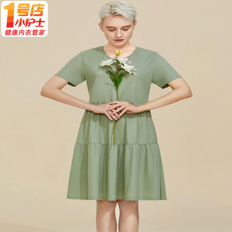 小护士塔裙女夏季休闲外穿天丝圆领睡裙宽松大码短袖裙睡衣连衣裙