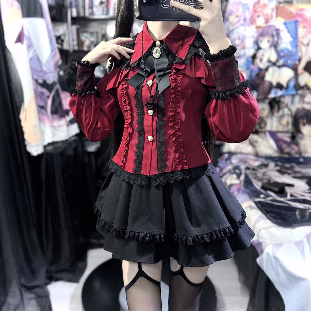 女生学生高腰半裙夏秋装蕾丝露肩学生校服