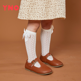 YNO中筒网眼袜带蝴蝶结夏季儿童薄款袜子婴儿棉长筒透气时尚纯色