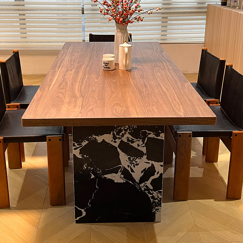 士伦餐桌长方形中古风岩板胡桃色