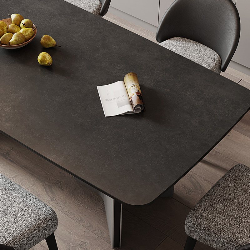 意式极简约现代灰钢黑色岩板餐桌椅长方形高端大户型客厅桌子
