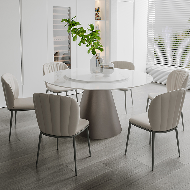 意式极简亮光岩板圆桌带转盘简约现代圆形餐桌椅小户型家用