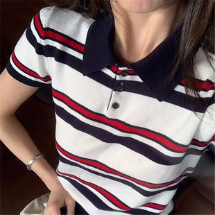 polo领针织条纹polo衫 上衣 短袖 t恤女正肩翻领短款