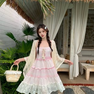 气拼接吊带渐变裙子夏季 实拍芝士日粉色元 女清纯简约度假连衣裙女