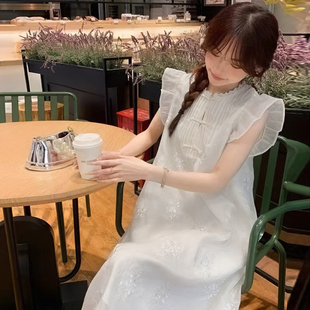 超好看气质长裙 新中式 国风白色小飞袖 刺绣连衣裙子女夏季 2025新款