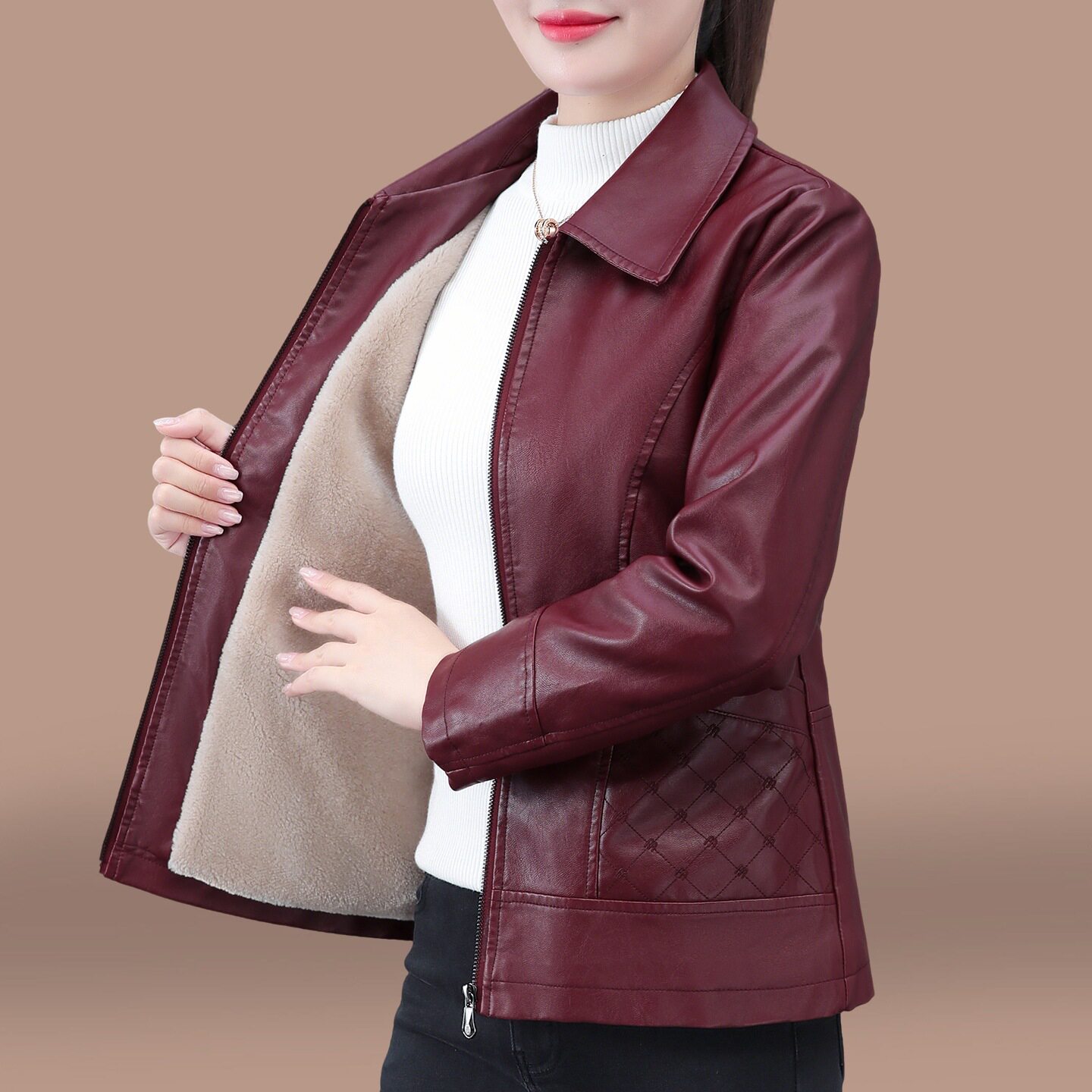 翻领皮衣外套女秋冬款2025新款中年妈妈时尚女装加绒加厚pu皮夹克