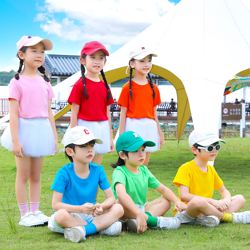 小学生幼儿童演出服孩子的天空彩色糖果纯色短袖T恤舞蹈服帮帮忙