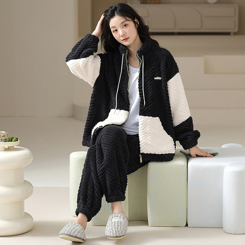 保暖睡衣女秋冬加厚法兰绒可外穿