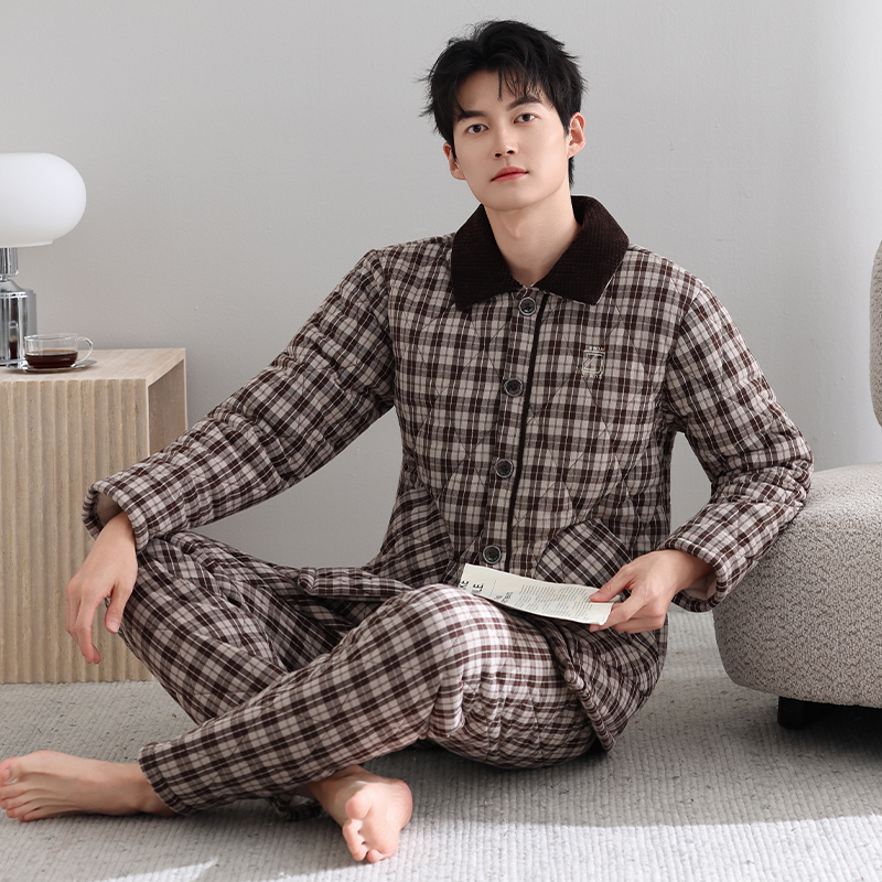 梭织纯棉夹棉睡衣男秋冬加厚加绒
