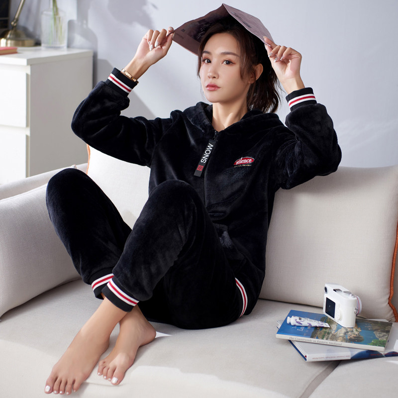 时尚可外穿睡衣女秋冬加厚法兰绒