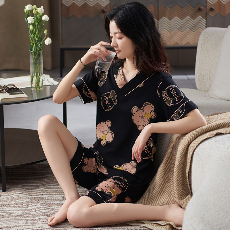 活性印染睡衣女夏季纯棉短袖薄款