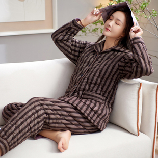 加厚纯棉条纹保暖三层夹棉湖南省服可外穿家居服套装 睡衣女秋冬季
