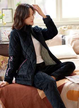 睡衣女秋冬季加厚加绒珊瑚绒三层夹棉袄保暖黑色法兰绒家居服套装