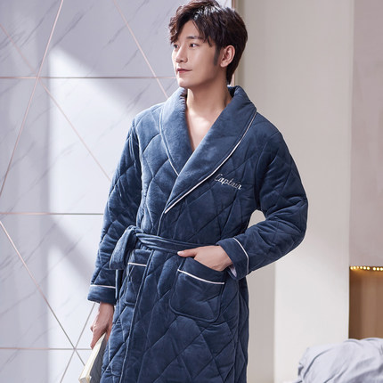 男士睡袍秋冬季加厚珊瑚绒睡衣加绒夹棉湖南省服连体长款三层浴袍
