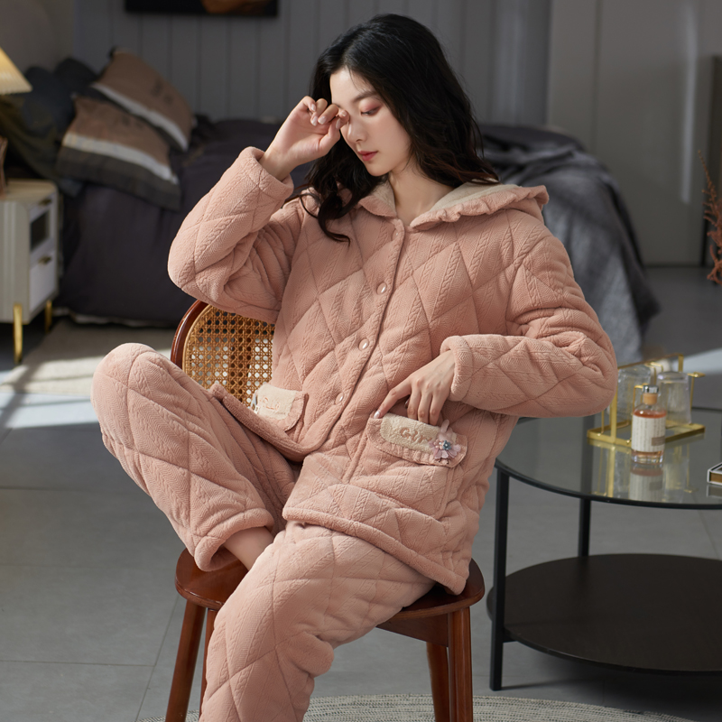 三层夹棉睡衣女冬季加厚加绒套装
