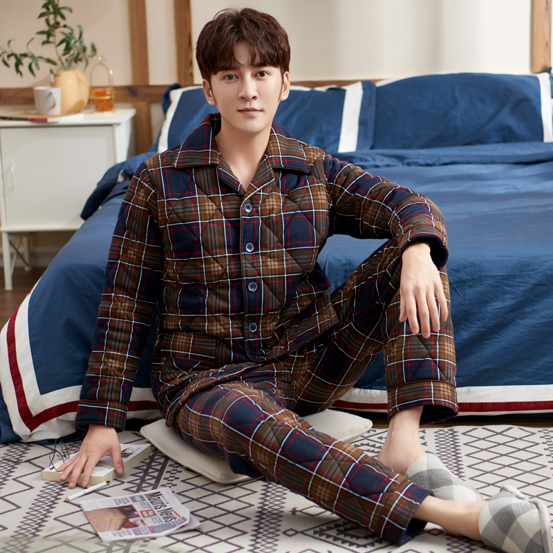 活性印染纯棉夹棉睡衣男秋冬加厚