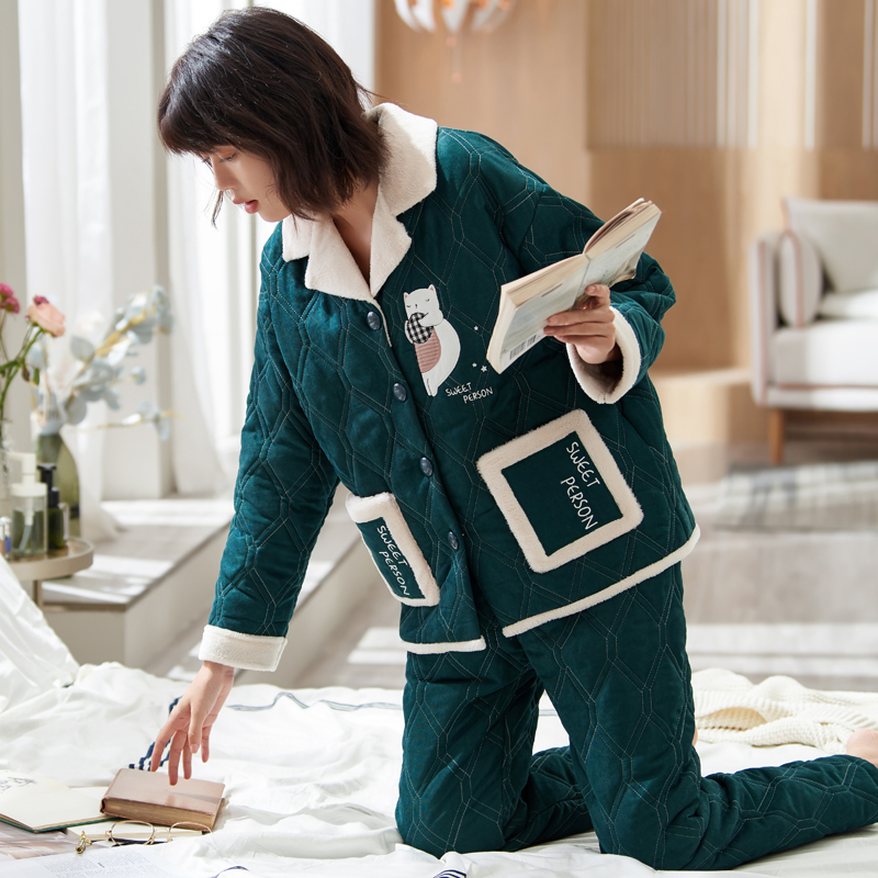 三层夹棉睡衣女冬加厚加绒中老年