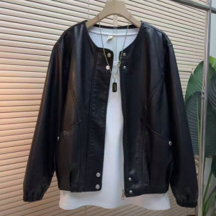 春季 通勤休闲风圆领开衫 新品 皮衣外套女韩版 上衣潮 时尚 胖妹妹大码