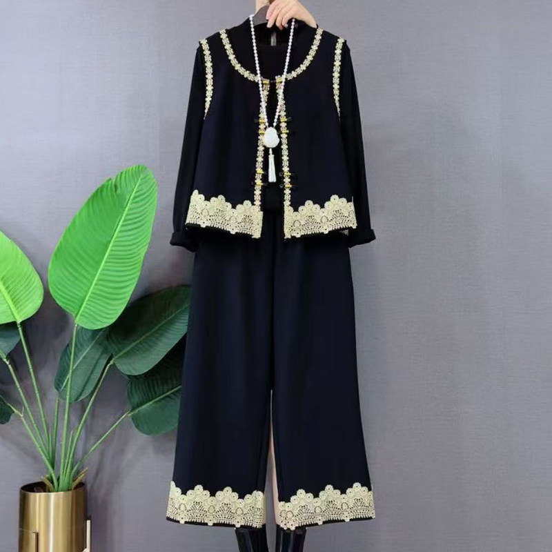 胖妹妹大码春季新款时尚套装女蕾丝拼接马甲打底衫阔腿裤三件套潮,女装/女士精品,大码套装,淘宝优惠券,粉丝福利购,淘宝优惠卷