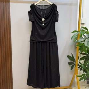 胖妹妹大码夏季时髦小姨风两件套女韩版漏肩半袖上衣阔腿裤套装潮