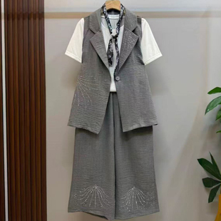 胖妹妹大码夏季韩版西装风马甲小衫阔腿裤三件套女通勤气质套装潮