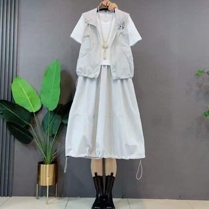 胖妹妹大码夏季新款三件套女韩版打底短袖A字裙马甲高腰休闲套装