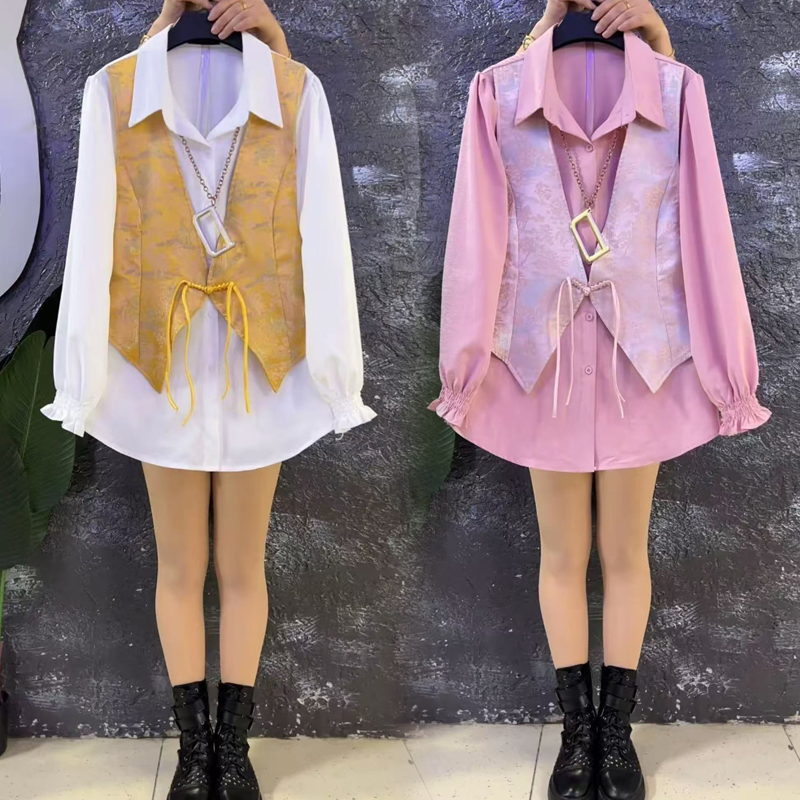 胖妹妹大码女装春夏新款时尚大衫女韩版国风马甲假两件衬衫女上衣